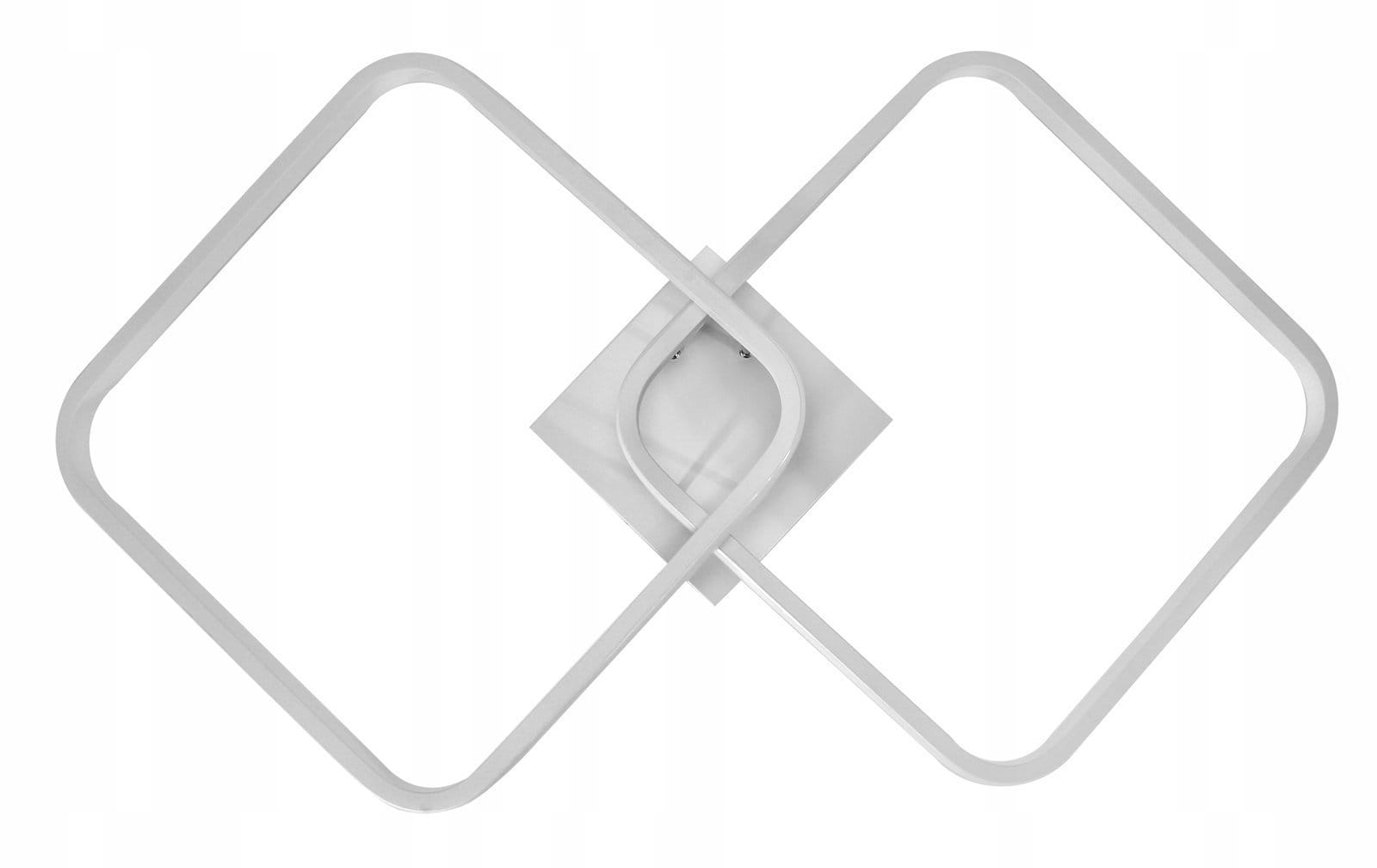 Biała sufitowa lampa LED 42W z dwoma kwadratowymi punktami świetlnymi, zamontowana na prostokątnej podstawie. Widziana z góry, z widocznym pilotem do zdalnego sterowania. Prosty i nowoczesny design, idealna do różnych wnętrz.