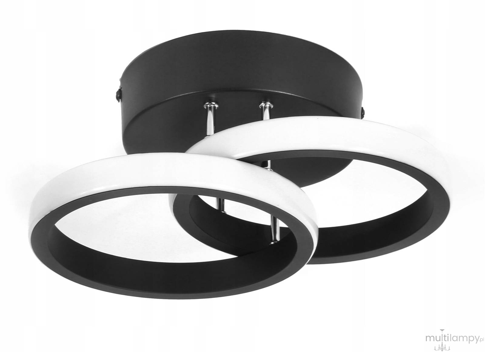 Czarna lampa sufitowa LED 18W w kształcie dwóch okręgów. Okręgi mają białe wnętrze z czarną ramką. Lampa zamontowana jest na okrągłej podstawie. Ujęcie z boku, ukazujące detal i położenie elementów.