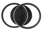 Czarna lampa sufitowa LED 18W z dwoma okręgami. Okręgi mają matową powierzchnię z białym podświetleniem. Ujęcie frontalne, produkt montowany na suficie. Wymiary i szczegóły montażowe niewidoczne.