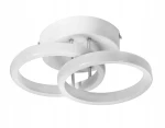 Lampa sufitowa LED 18W w kolorze białym, składająca się z dwóch okręgów. Ujęcie z dołu, ukazujące okręgi zawieszone na metalowych prętach. Gładka, błyszcząca powierzchnia, minimalistyczny design. Idealna do nowoczesnych wnętrz.