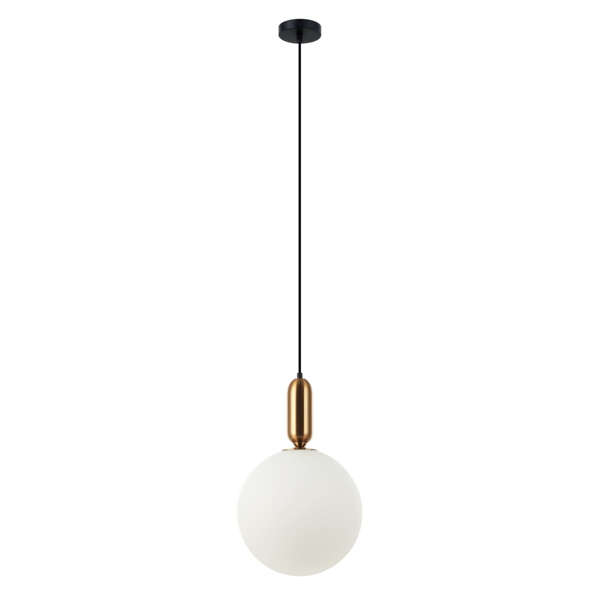 Lampa wisząca Aldeva D30 w brązie antycznym z jednolitą, białą, okrągłą kloszem. Zawieszona na czarnym kablu, w prostym, nowoczesnym stylu. Ujęcie z boku, na jednolitym tle.
