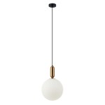 Lampa wisząca Aldeva D30 w brązie antycznym z jednolitą, białą, okrągłą kloszem. Zawieszona na czarnym kablu, w prostym, nowoczesnym stylu. Ujęcie z boku, na jednolitym tle.