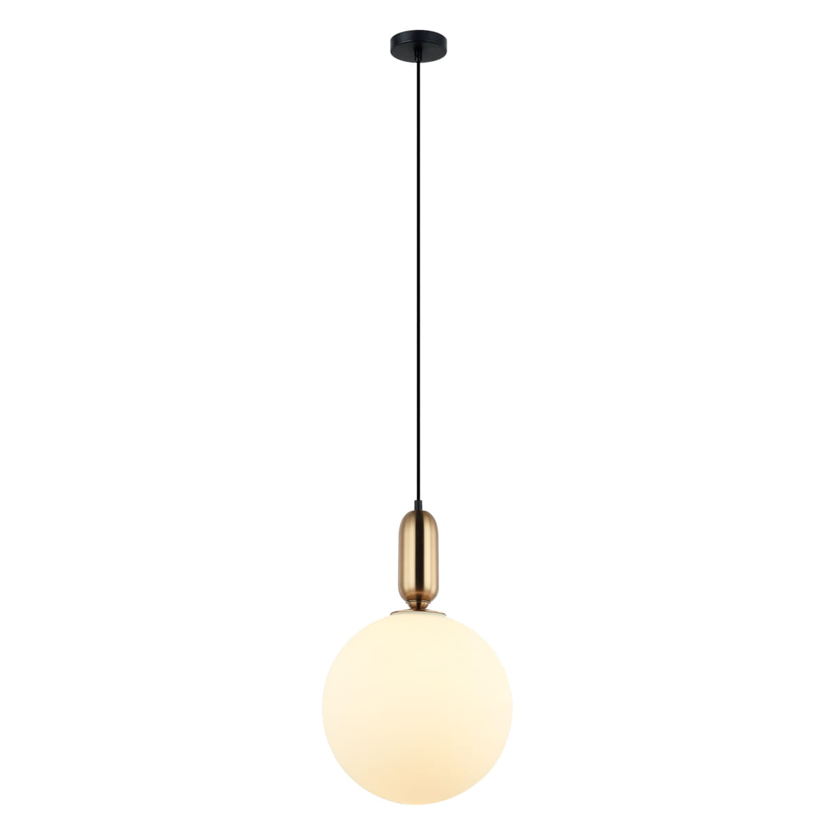 Lampa wisząca Aldeva D30 o brązowym antycznym wykończeniu, z pojedynczym, okrągłym kloszem w kolorze białym. Produkt zawieszony na cienkim, czarnym przewodzie, z montażem sufitowym w kolorze czarnym.