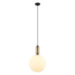 Lampa wisząca Aldeva D30 o brązowym antycznym wykończeniu, z pojedynczym, okrągłym kloszem w kolorze białym. Produkt zawieszony na cienkim, czarnym przewodzie, z montażem sufitowym w kolorze czarnym.