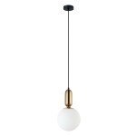 Lampa wisząca Aldeva D20 w kolorze brązu antycznego, z okrągłym, białym kloszem. Produkt zawieszony na cienkim, czarnym przewodzie, z widocznym metalowym mocowaniem u góry. Klosz ma gładką powierzchnię i elegancki kształt.