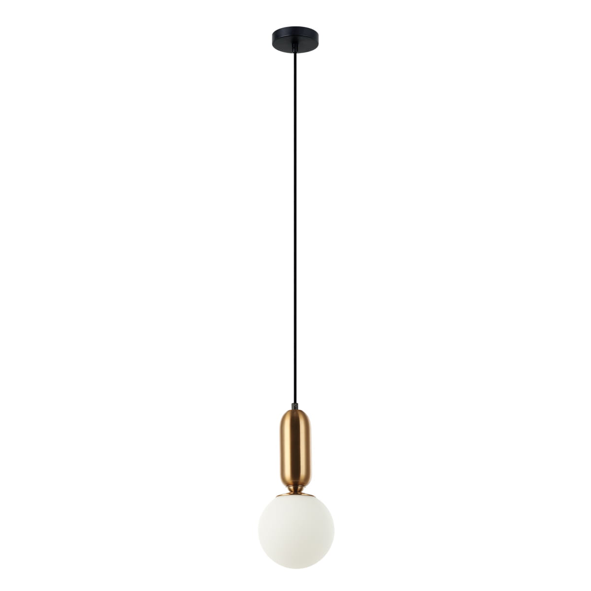 Lampa wisząca Aldeva D15 w kolorze brązu antycznego, z białym, okrągłym kloszem. Zawieszona na długim, czarnym kablu. Frontalne ujęcie pokazuje całość lampy, która ma nowoczesny, minimalistyczny design. Idealna do różnych aranżacji wnętrz.