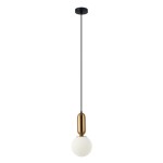 Lampa wisząca Aldeva D15 w kolorze brązu antycznego, z białym, okrągłym kloszem. Zawieszona na długim, czarnym kablu. Frontalne ujęcie pokazuje całość lampy, która ma nowoczesny, minimalistyczny design. Idealna do różnych aranżacji wnętrz.