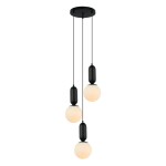Czarna lampa wisząca Aldeva z trzema punktami świetlnymi. Okrągłe, mleczne klosze zawieszone na czarnych kablach, montowane do sufitu. Klasyczny design z eleganckimi detalami.