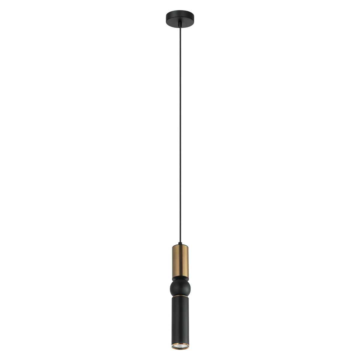 Lampa wisząca Isidora 1-punktowa w kolorze brązu antycznego i czerni. Okrągła podstawa z metalu, cienki kabel, cylindryczny klosz z matowego czarnego materiału z dekoracyjnym złotym elementem. Wisi pionowo, na jednolitym tle.