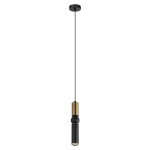 Lampa wisząca Isidora 1-punktowa w kolorze brązu antycznego i czerni. Okrągła podstawa z metalu, cienki kabel, cylindryczny klosz z matowego czarnego materiału z dekoracyjnym złotym elementem. Wisi pionowo, na jednolitym tle.