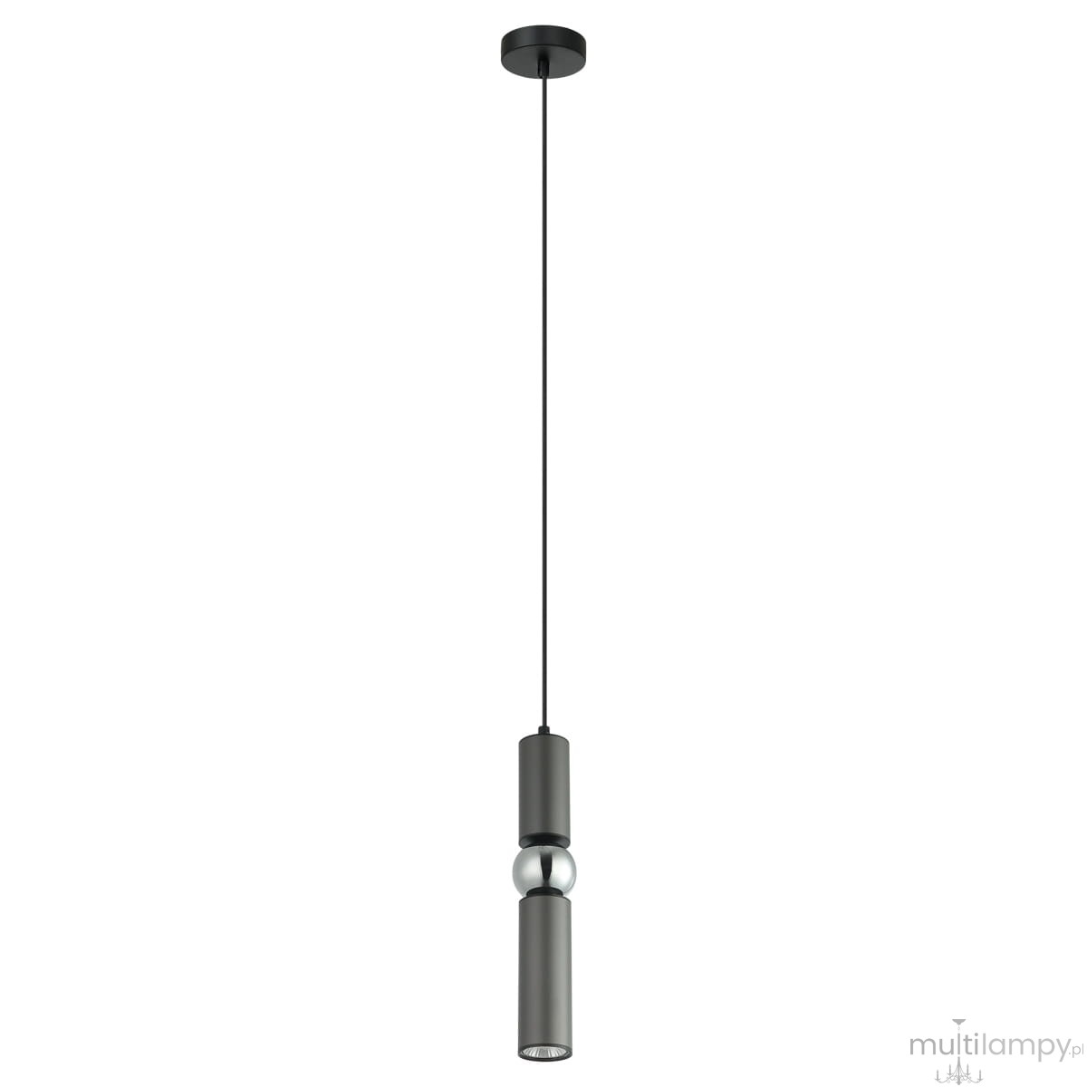 Lampa wisząca Isidora 1-punktowa w kolorze czarnym i szarym, z metalowym kloszem w formie cylindrycznej. Zawieszona na cienkim, czarnym przewodzie, z okrągłym mocowaniem sufitowym. Minimalistyczny design, idealna do nowoczesnych wnętrz.