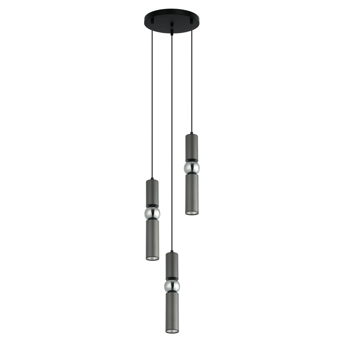 Lampa wisząca Isidora 3-punktowa w kolorze czarnym i szarym. Składa się z trzech cylindrycznych kloszy z metalicznymi akcentami, zawieszonych na czarnych linkach. Klosze mają matową powierzchnię i są umieszczone na okrągłej podsufitce.