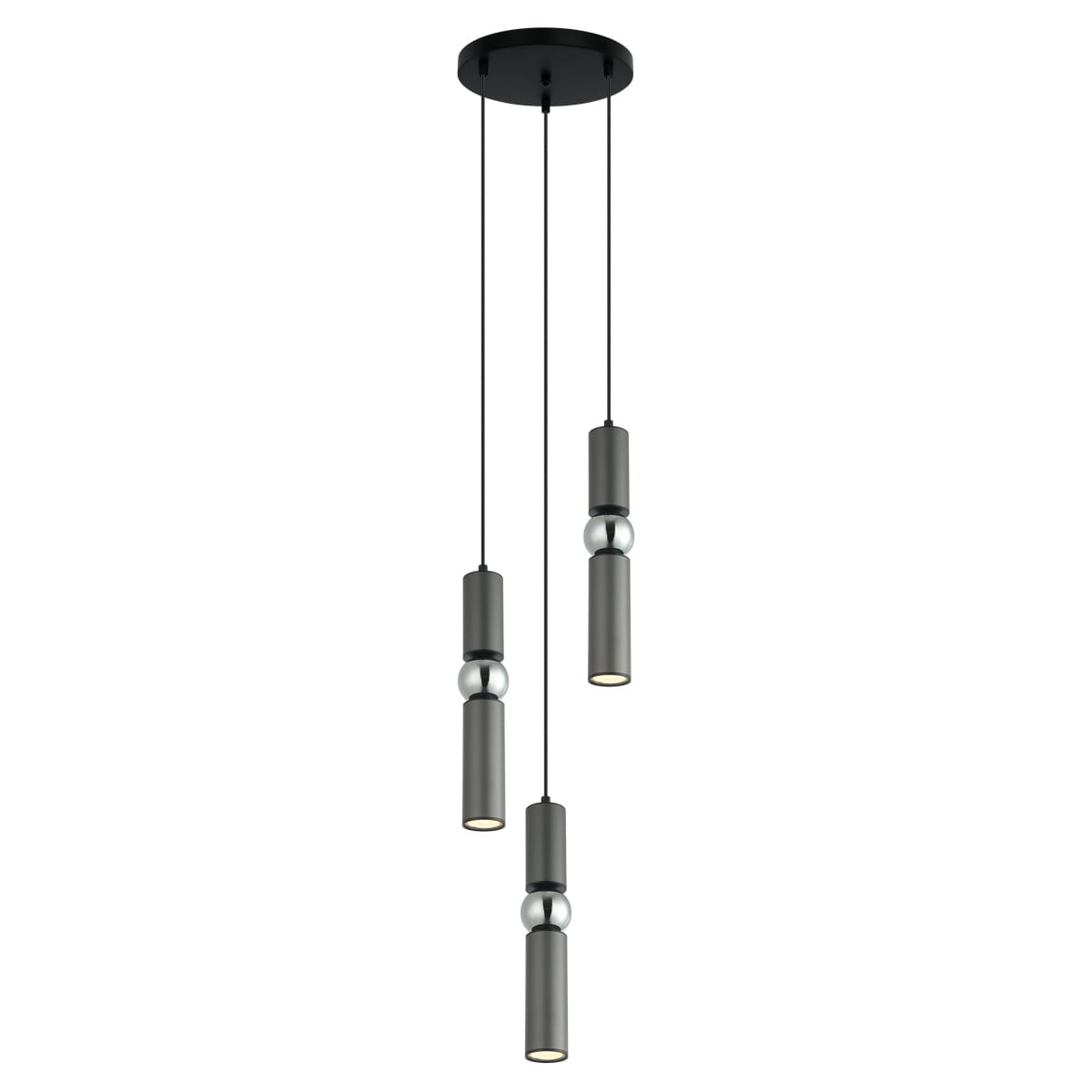 Lampa wisząca Isidora 3-punktowa w kolorze czarnym i szarym. Składa się z trzech cylindrycznych punktów świetlnych, zawieszonych na cienkich linkach, z metalowymi detalami. Utrzymana w nowoczesnym stylu, montowana na okrągłym stropie.