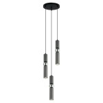 Lampa wisząca Isidora 3-punktowa w kolorze czarnym i szarym. Składa się z trzech cylindrycznych punktów świetlnych, zawieszonych na cienkich linkach, z metalowymi detalami. Utrzymana w nowoczesnym stylu, montowana na okrągłym stropie.