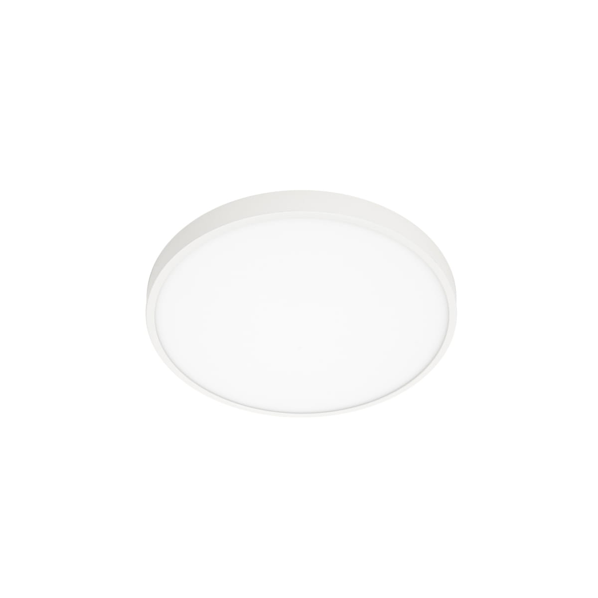 Plafon Riberio D28 LED w kolorze białym, o okrągłym kształcie, z jednopunktowym źródłem światła. Emisja światła ciepłej barwy 3000K. Produkt montowany na suficie, z gładką, matową powierzchnią.