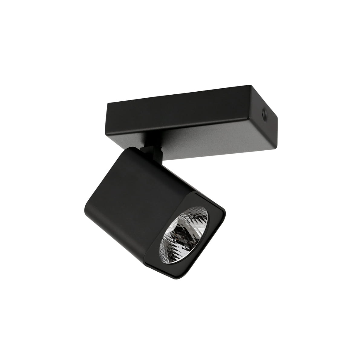 Czarna lampa sufitowa typu spot Aveiro z jednopunktowym mocowaniem. Zawieszona pod kątem, z okrągłym źródłem światła. Matowa powierzchnia i prosty, nowoczesny design. Idealna do oświetlenia wnętrz.