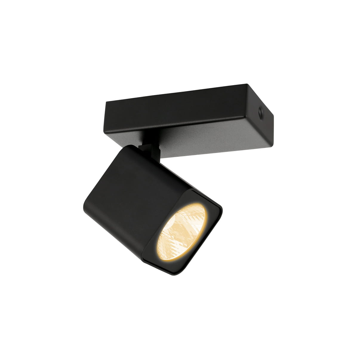 Czarna lampa sufitowa Aveiro LED, 1-punktowa, z kwadratowym uchwytem i regulowanym reflektorem. Wykonana z metalu, z widoczną żarówką emitującą ciepłe światło. Zainstalowana na suficie, w minimalistycznym stylu.