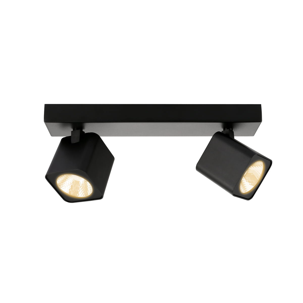 Czarna lampa sufitowa Aveiro z dwoma punktami świetlnymi, zamontowana na prostokątnej podstawie. Reflektory mają heksagonalny kształt i regulowany kąt, emitując ciepłe światło. Produkt na białym tle.
