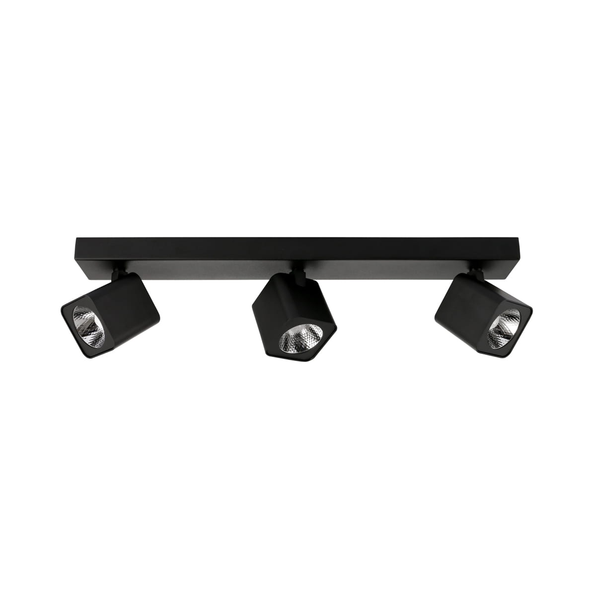 Czarna lampa sufitowa Aveiro LED z trzema punktami świetlnymi, zamontowana na prostokątnej podstawie. Reflektory mają kwadratowy kształt z metalicznymi wykończeniami, skierowane są w różnych kierunkach. Tło białe, minimalistyczne.