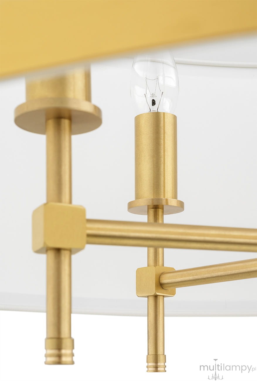 Lampa wisząca Abbano 5-punktowa w kolorze białym i złotym. Złota metalowa konstrukcja z pięcioma miejscami na żarówki, zbliżenie na detal mocowania i klosza. Prosta forma, eleganckie wykończenie.