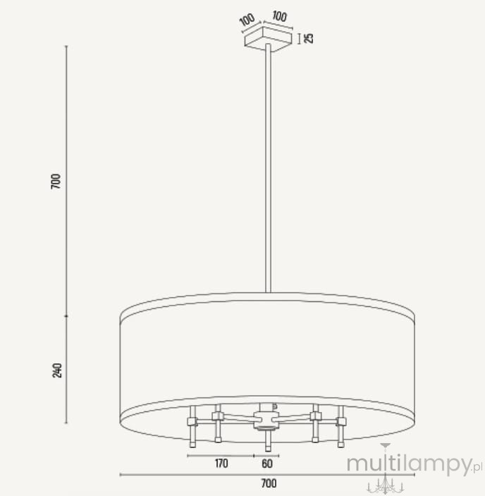 Lampa wisząca Abbano 5-punktowa w kolorze białym i złotym. Okrągły klosz o średnicy 700 mm, zawieszony na cienkim, metalowym stelażu. Wysokość całkowita 700 mm, z możliwością regulacji. Prosta konstrukcja, idealna do nowoczesnych wnętrz.