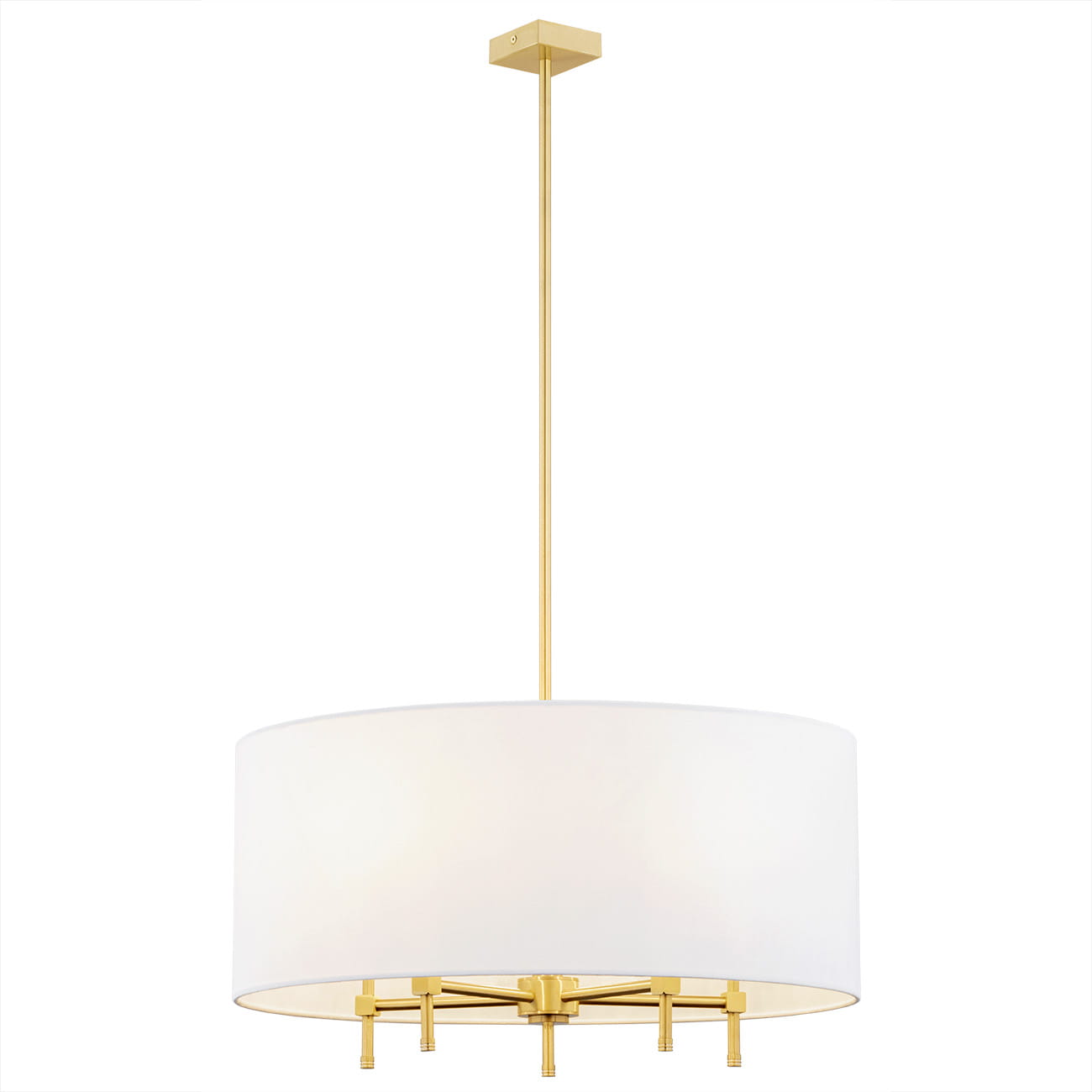 Lampa wisząca Abbano w kolorze białym, 5-punktowa, z okrągłym kloszem i złotym stelażem. Ujęcie frontalne, zawieszona na cienkim, prostokątnym elemencie. Proste, eleganckie wzornictwo, idealna do nowoczesnych wnętrz.