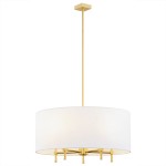 Lampa wisząca Abbano w kolorze białym, 5-punktowa, z okrągłym kloszem i złotym stelażem. Ujęcie frontalne, zawieszona na cienkim, prostokątnym elemencie. Proste, eleganckie wzornictwo, idealna do nowoczesnych wnętrz.