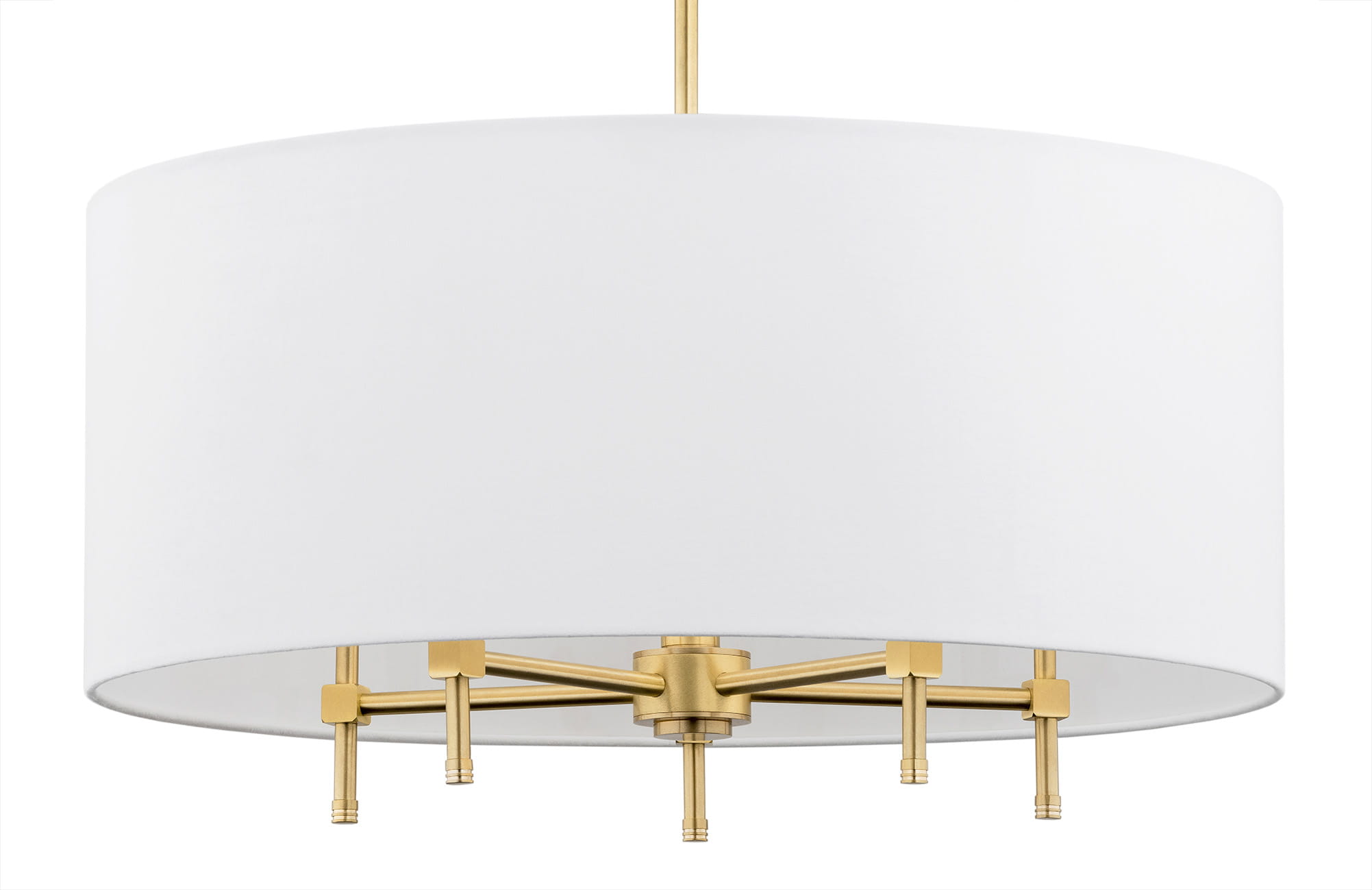 Lampa wisząca Abbano welur 5-punktowa, biała, z okrągłym kloszem. Utrzymana w prostej formie, z metalowymi złotymi detalami na podstawie. Klosz o gładkiej teksturze, zawieszony na cienkim, złotym przewodzie. Idealna do nowoczesnych wnętrz.