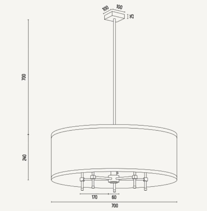 Lampa wisząca Abbano w kolorze białym, pięciopunktowa, o okrągłym kloszu. Wymiary: średnica 700 mm, wysokość 700 mm. Prosty, nowoczesny design, idealna do różnych aranżacji wnętrz. Zawieszona na cienkim, metalowym stelażu.