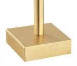 Biała i złota lampka stołowa Abbano 1-punktowa z prostokątną podstawą w kolorze złotym. Widoczny metalowy słupek o gładkiej fakturze, stabilny design. Produkt stoi na płaskiej powierzchni, w zbliżeniu na detale podstawy.