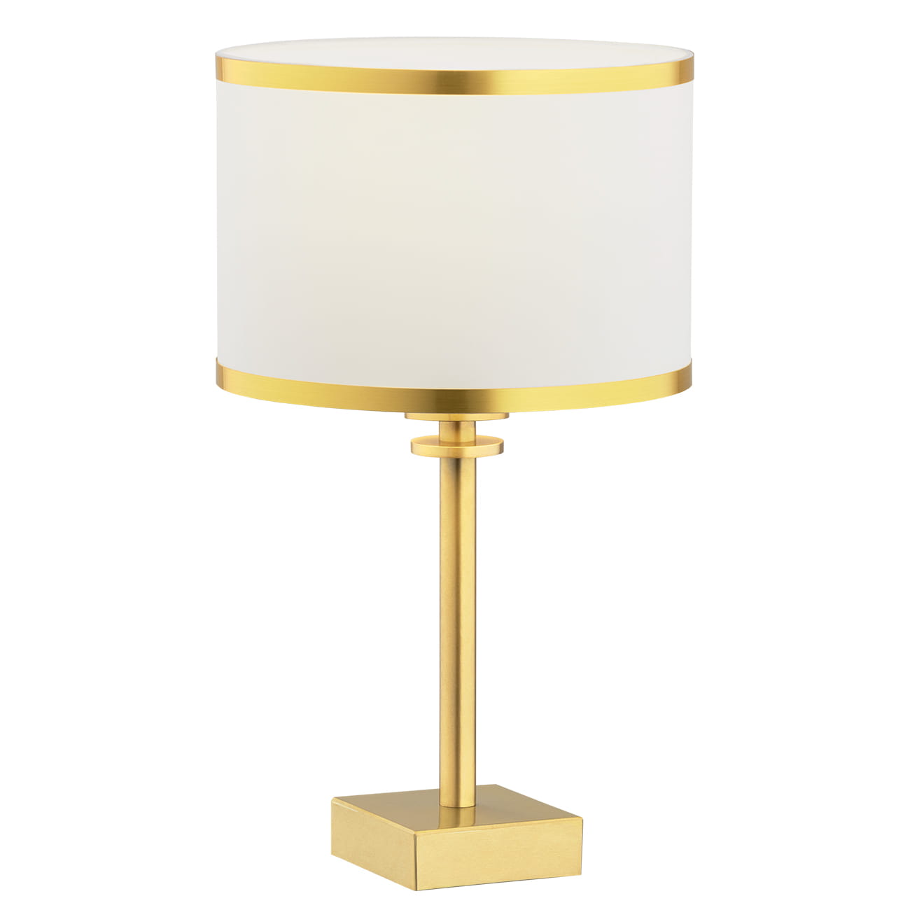 Lampka stołowa Abbano 1-punktowa w kolorze białym i złotym. Okrągły klosz z białego materiału z złotą obręczą, osadzony na prostym, złotym stelażu o kwadratowej podstawie. Ujęcie frontalne, produkt stojący.