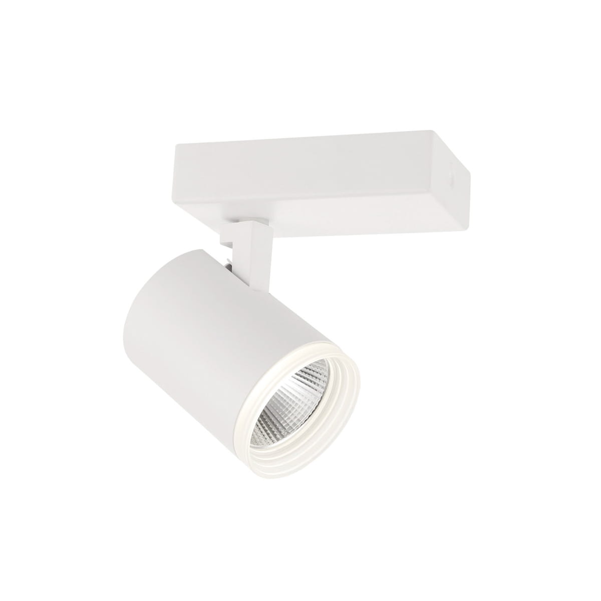 Biała lampa sufitowa Helvia LED, 1-punktowa, z cylindrycznym kloszem. Klosz w kolorze białym, zamontowany na prostokątnej podstawie. Widoczny reflektor w środku klosza. Produkt w pozycji wiszącej, na jednolitym tle.