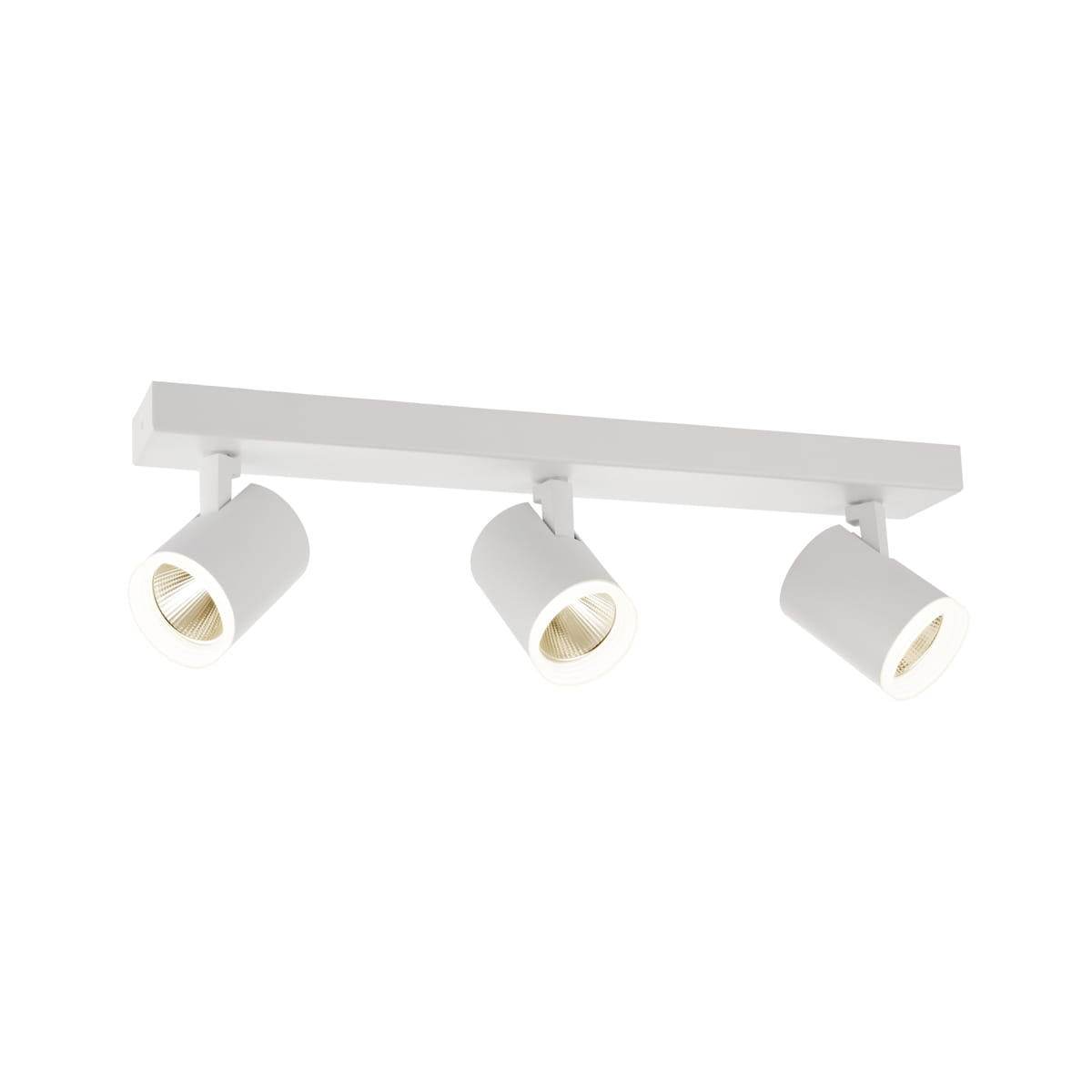Biała lampa sufitowa LED Helvia, 3-punktowa, z metalowym stelażem i okrągłymi, ruchomymi reflektorami. Ułożona poziomo, z widocznymi złotymi wnętrzami reflektorów, na prostym tle. Idealna do oświetlenia wnętrz.
