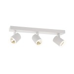 Biała lampa sufitowa LED Helvia, 3-punktowa, z metalowym stelażem i okrągłymi, ruchomymi reflektorami. Ułożona poziomo, z widocznymi złotymi wnętrzami reflektorów, na prostym tle. Idealna do oświetlenia wnętrz.