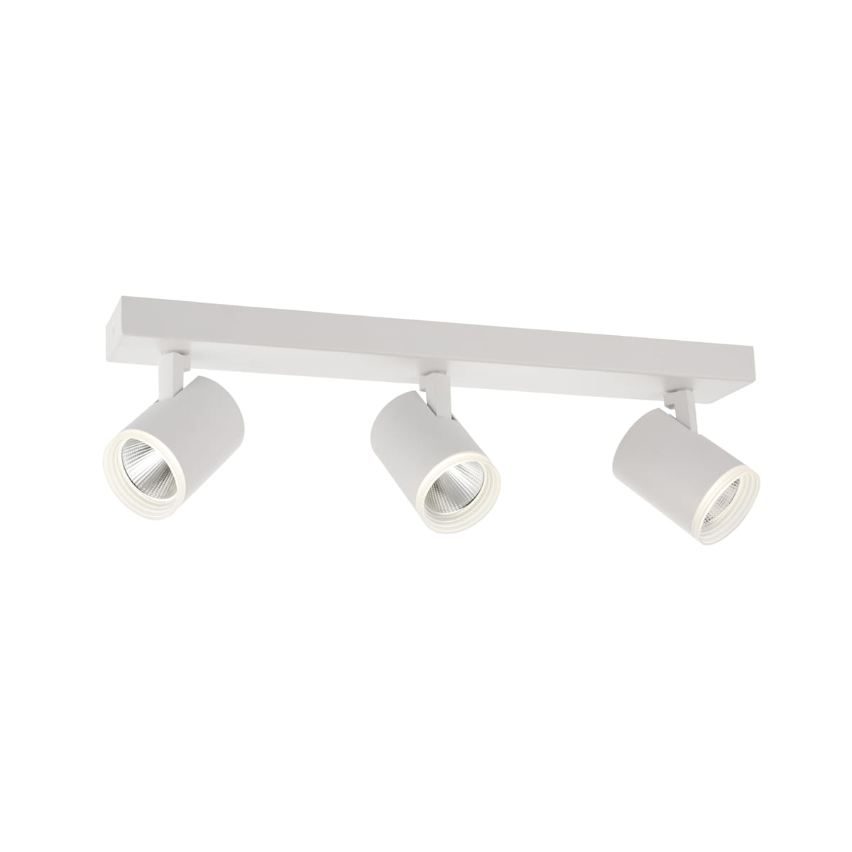 Trójpunktowa lampa sufitowa Helvia LED w kolorze białym, z cylindrycznymi kloszami, zamontowana na prostokątnej podstawie. Klosze skierowane w różnych kierunkach, idealna do oświetlenia wnętrz.
