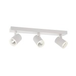 Trójpunktowa lampa sufitowa Helvia LED w kolorze białym, z cylindrycznymi kloszami, zamontowana na prostokątnej podstawie. Klosze skierowane w różnych kierunkach, idealna do oświetlenia wnętrz.