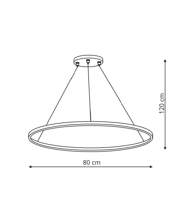 Lampa wisząca LED Ring D80 o średnicy 80 cm i wysokości 120 cm, z czarnym wykończeniem. Posiada nowoczesny design w kształcie okręgu, zawieszona na trzech linkach. Idealna do oświetlenia wnętrz.