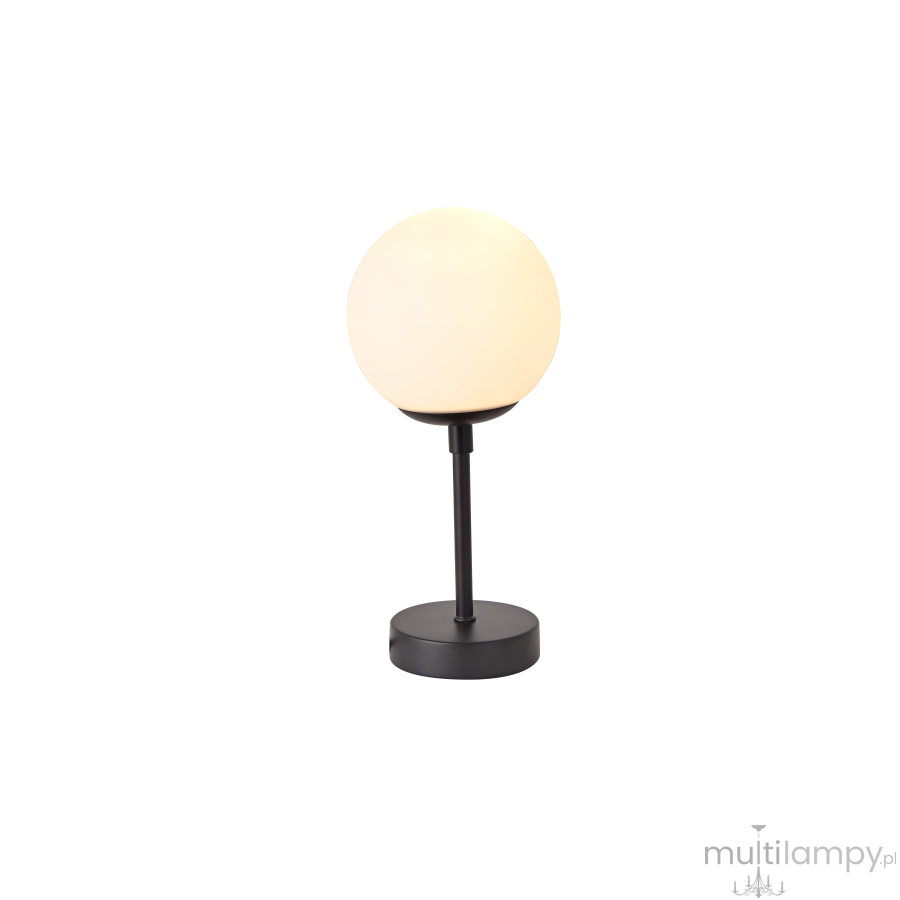 Czarna lampa stołowa Dorado LP-002/1T S BK z okrągłym, mlecznym kloszem. Stojąca na okrągłej podstawie, z metalowym stelażem, emitująca ciepłe światło, idealna do biura lub sypialni. Prosty i nowoczesny design.