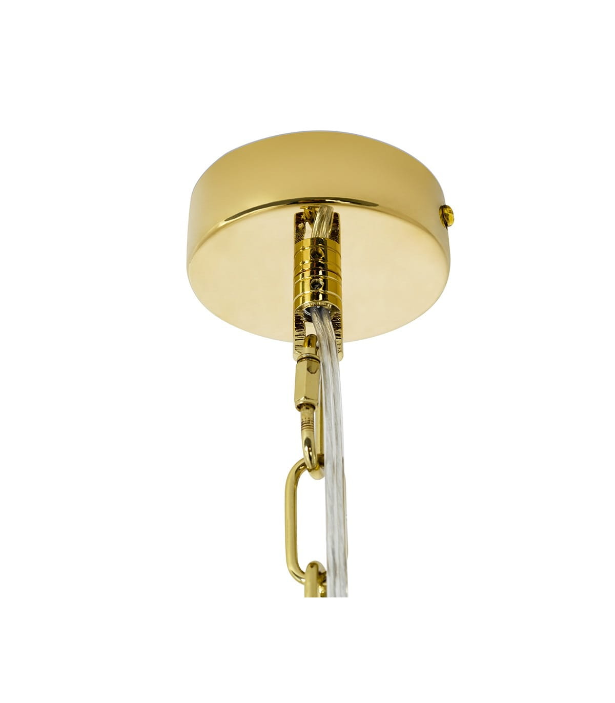 Złota lampa wisząca Murano L z trzema punktami świetlnymi. Ujęcie z dołu, pokazujące okrągły sufitowy uchwyt oraz przezroczyste przewody. Lampa ma elegancki, błyszczący wykończenie, idealna do nowoczesnych wnętrz.