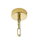 Złota lampa wisząca Murano L z trzema punktami świetlnymi. Ujęcie z dołu, pokazujące okrągły sufitowy uchwyt oraz przezroczyste przewody. Lampa ma elegancki, błyszczący wykończenie, idealna do nowoczesnych wnętrz.
