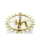 Lampa wisząca Murano L 3-punktowa w kolorze złotym, z okrągłą podstawą i przezroczystymi, szklanymi elementami. Widoczna konstrukcja z metalowymi detalami i miejscami na żarówki, zwisająca z sufitu. Układ pod kątem, ukazujący detale górnej części lampy.