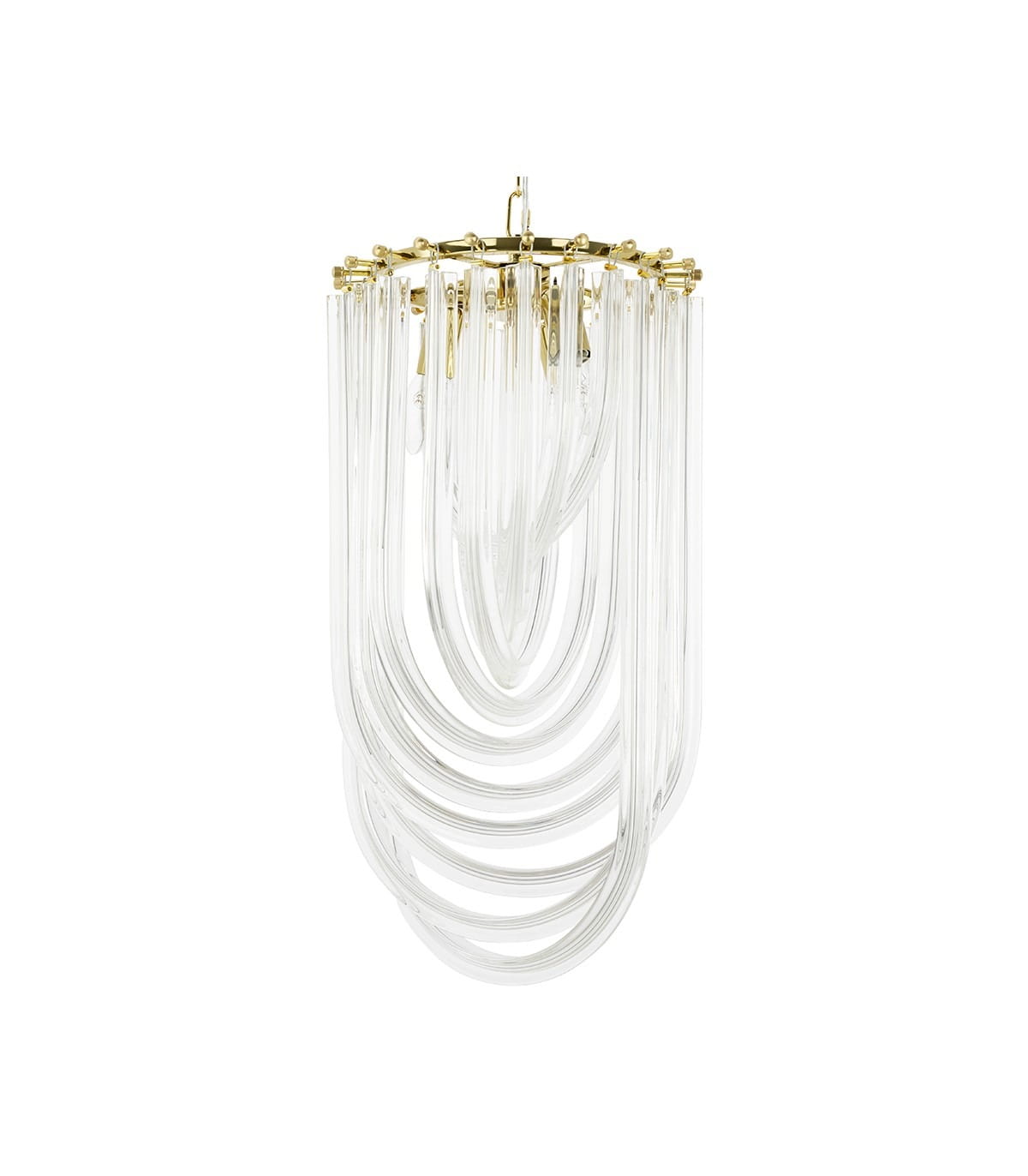 Lampa wisząca Murano L w kolorze złotym z trzema punktami świetlnymi. Posiada przezroczyste, szklane elementy w formie falujących rur, zawieszone na okrągłej, złotej podstawie. Ujęcie frontalne, lampa wisząca, na białym tle.