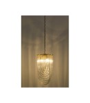 Lampa wisząca Murano L w kolorze złotym z trzema punktami świetlnymi. Posiada dekoracyjne, przezroczyste elementy w kształcie fal, zawieszona na złotej łańcuchu. Ujęcie z przodu, na prostym tle.