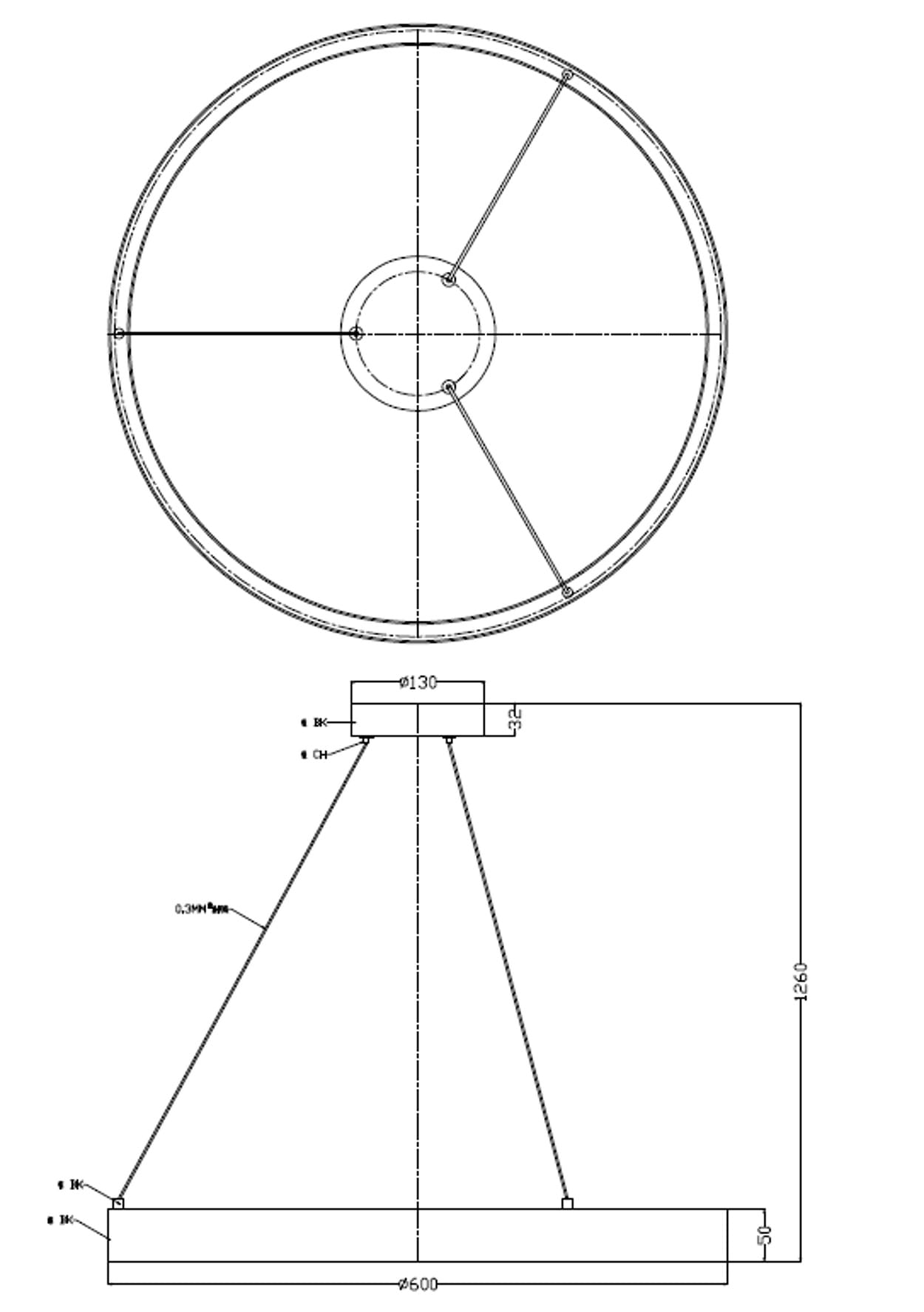 Złota lampa wisząca Midway D60 z pojedynczym punktem świetlnym, okrągła, o średnicy 60 cm. Ujęcie z góry z wyraźnie widocznym centralnym zawieszeniem oraz ramionami podtrzymującymi. Minimalistyczny design, idealna do nowoczesnych wnętrz.