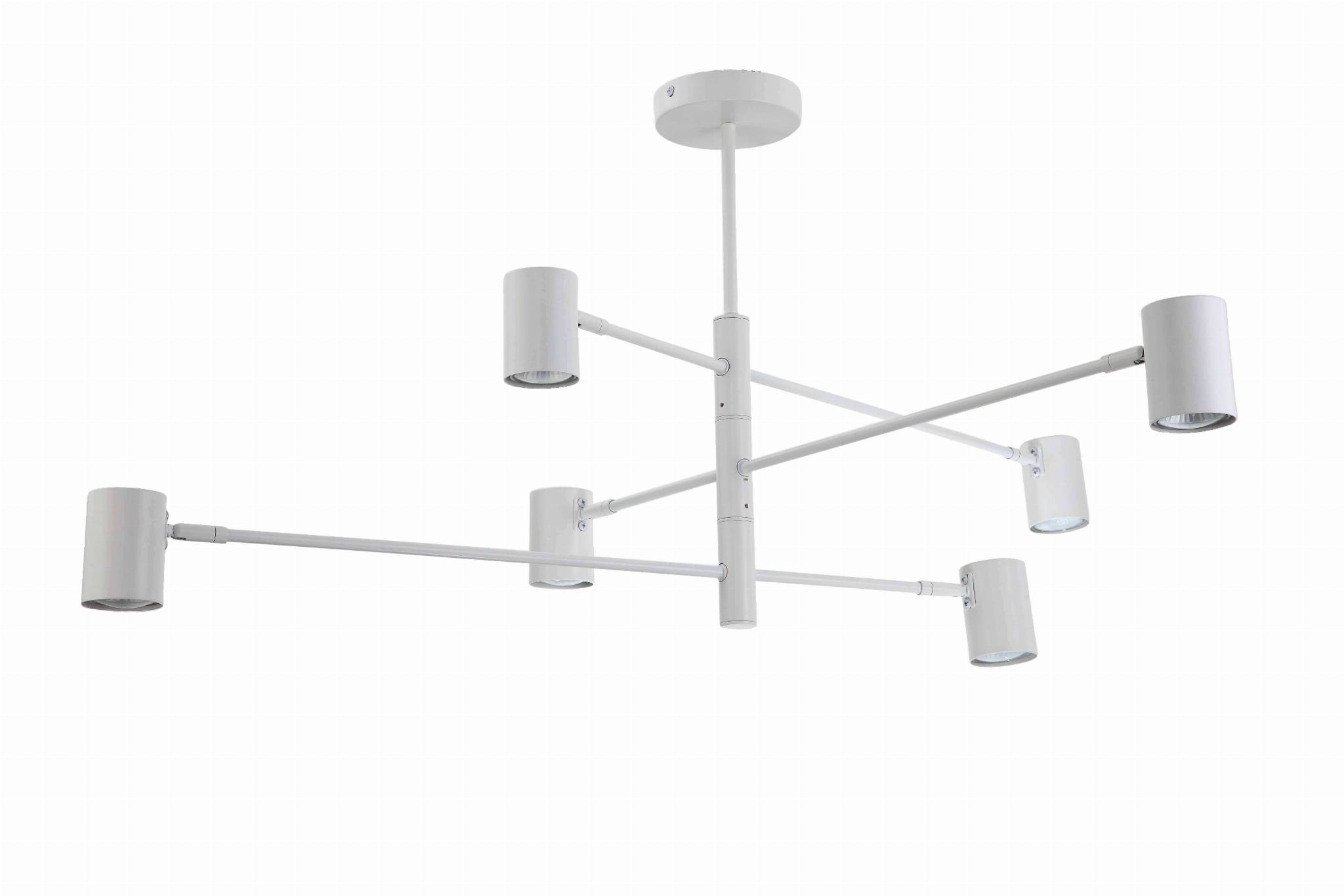 Lampa wisząca Snow 6-punktowa w kolorze białym, składająca się z centralnego trzonu z sześcioma ruchomymi ramionami, na końcach których znajdują się cylindryczne oprawy na żarówki. Produkt zawieszony na prostym, okrągłym stropowym mocowaniu.