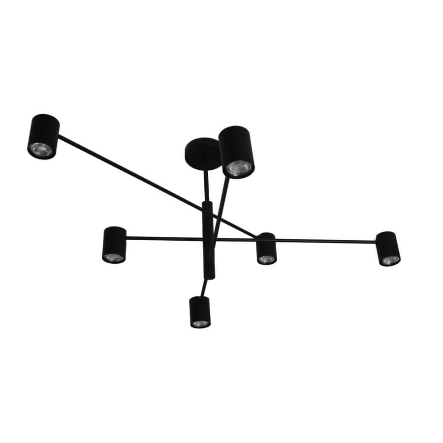Czarna lampa wisząca Snow z sześcioma punktami świetlnymi, z metalowym ramieniem w kształcie krzyża, montowana sufitowo. Wzornictwo minimalistyczne, z okrągłymi kloszami, skierowanymi w różnych kierunkach.