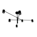 Czarna lampa wisząca Snow z sześcioma punktami świetlnymi, z metalowym ramieniem w kształcie krzyża, montowana sufitowo. Wzornictwo minimalistyczne, z okrągłymi kloszami, skierowanymi w różnych kierunkach.