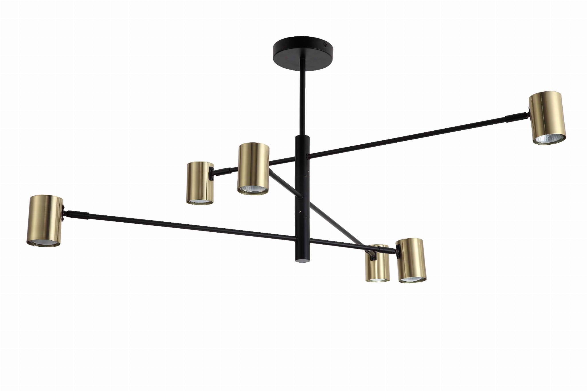 Lampa wisząca Snow 6-punktowa w kolorze czarnym i złotym. Posiada sześć cylindrycznych kloszy w złotym odcieniu, umieszczonych na czarnych ramionach, które rozciągają się z centralnego mocowania. Ujęcie z dołu, pokazujące całą konstrukcję.