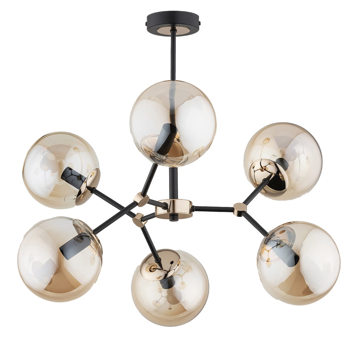 Lampa wisząca Foton 6-punktowa w kolorze czarnym i złotym, z sześcioma szklanymi kulami oraz metalową konstrukcją. Ujęcie z góry, wisząca, nowoczesny design. Kule są przejrzyste i mają lekko złoty odcień.