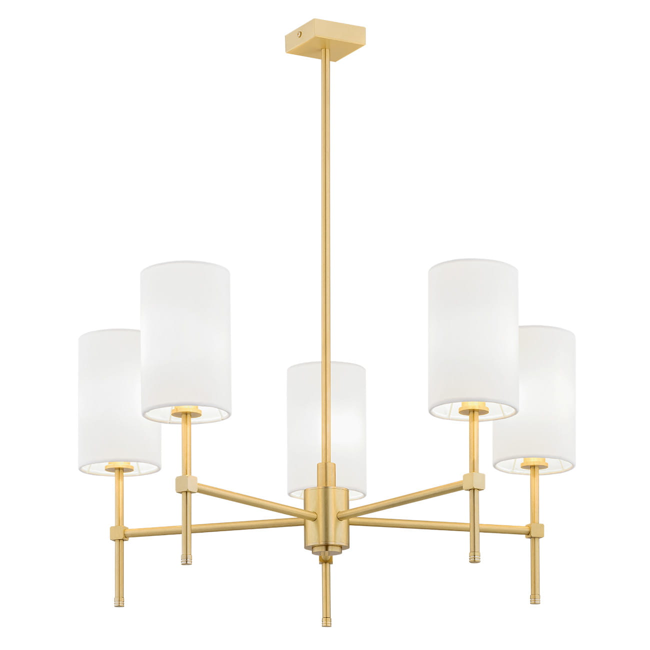 Lampa wisząca Abruzzo 5-punktowa w białej kolorystyce z metalowym, złotym stelażem. Posiada pięć okrągłych kloszy z matowego szkła, zamontowana na długim zwisie. Ujęcie frontalne, na białym tle.